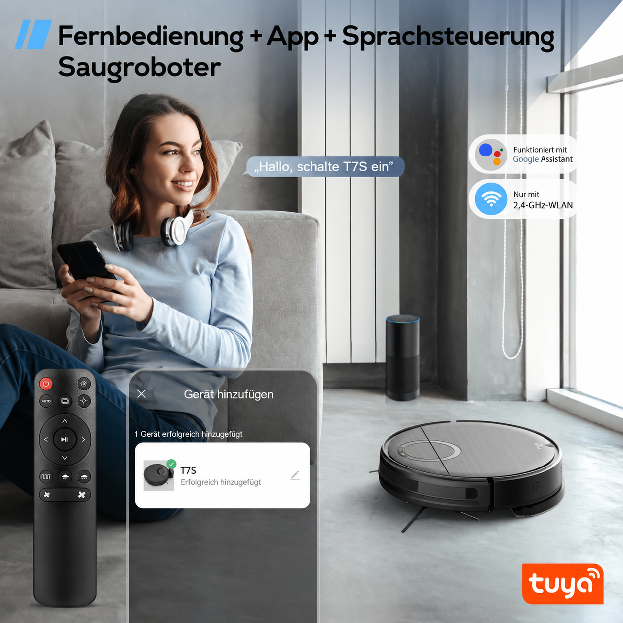 ROVA steuern per Tuya-Smart-App, Fernbedienung oder Sprachbefehl